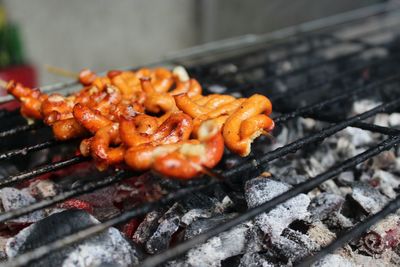 Close-up of meat on barbecue grill