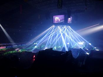 Illuminated lighting equipment against blue sky at night