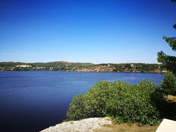 Scenic view of sea against clear blue sky