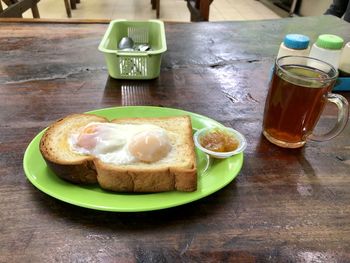 Close-up of breakfast served on table