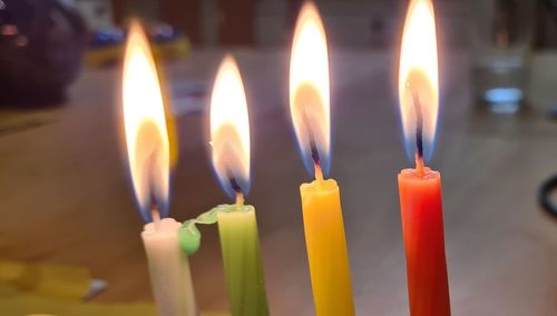 Close-up of lit candles in temple