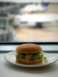 Close-up of burger in plate