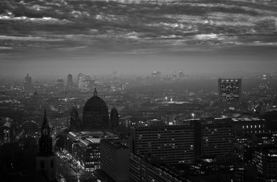 High angle view of cityscape against sky at night