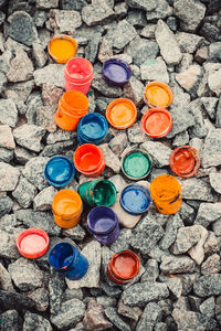 High angle view of multi colored stones on cobblestone street