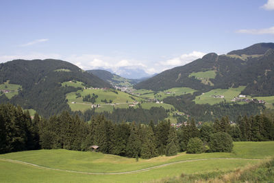 Scenic view of landscape and mountains against sky