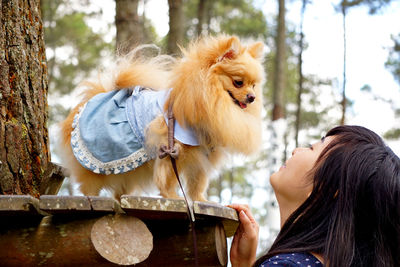 Portrait of young woman with dog against trees