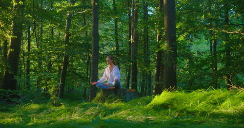 Treatment of mental illnes by practicing yoga in forest. girl sitting on stump and meditate