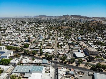 High angle view of townscape against clear sky