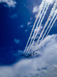 Low angle view of airplane flying against blue sky