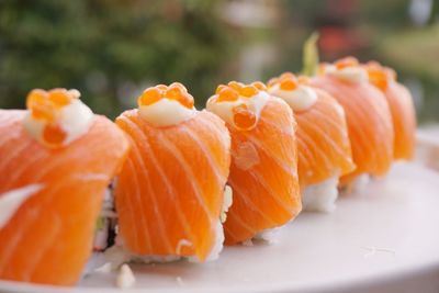 Close-up of sushi served in plate