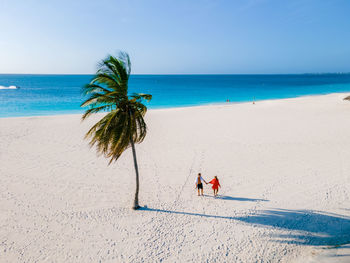 People on beach against clear blue sky