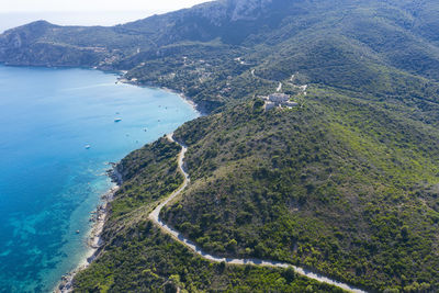 Aerial view of the marine coast of monte argentario in the tuscan maremma