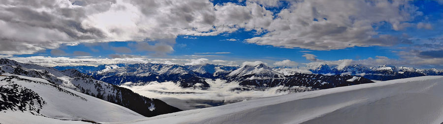 Panoramic view of snowcapped mountains against sky