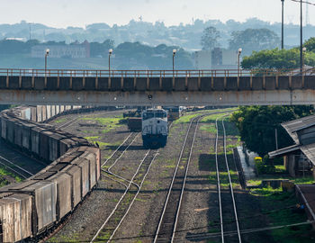 High angle view of train against sky