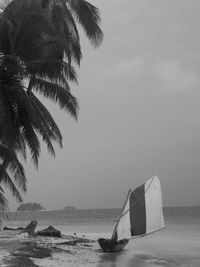 Sailboat moored at beach against sky