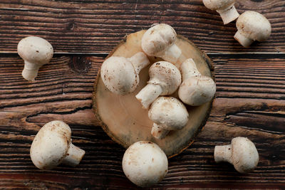 High angle view of mushrooms on table