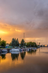 Scenic view of river against sky at sunset