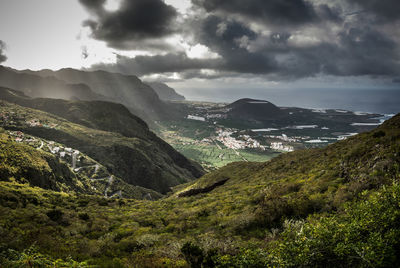 Scenic view of mountains against cloudy sky