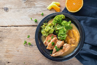 High angle view of food in bowl on table