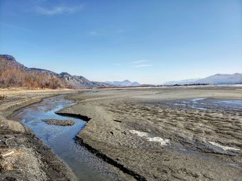 Scenic view of beach against blue sky