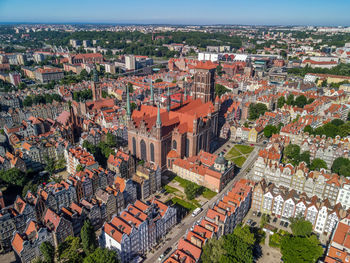 High angle view of old town against sky, aerial view on the old town in gdansk, poland