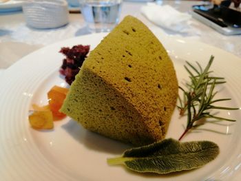 High angle view of cake served on plate