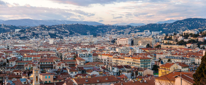 High angle shot of townscape against sky