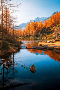 Scenic view of lake against sky during sunset