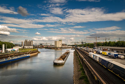 High angle view of bridge over niehl harbor in cologne