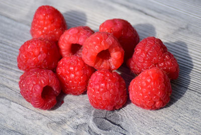 High angle view of strawberries on table