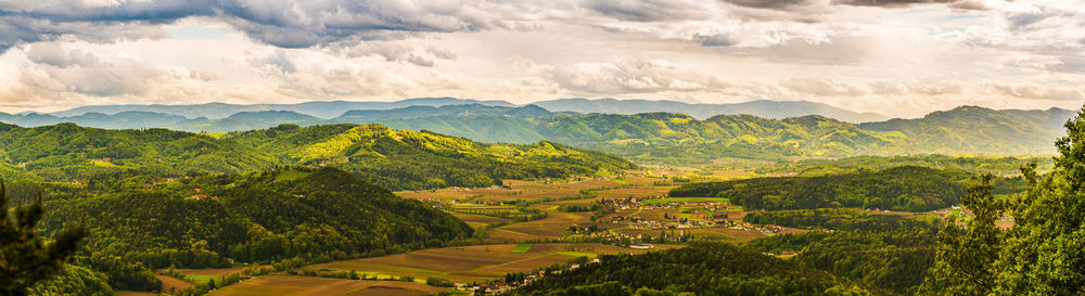 Aerial panorama of of green hills and vineyards with mountains. austria vineyards landscape.