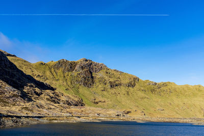 Scenic view of lake and mountains against blue sky