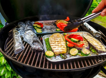 High angle view of vegetables on barbecue grill