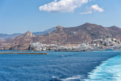 Scenic view of sea by mountains against sky