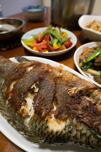 High angle view of fish served in plate