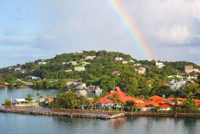 Rainbow over a port in st lucia