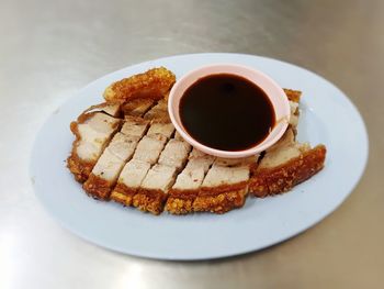 High angle view of dessert in plate on table