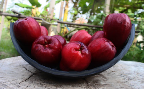 Close-up of apples in bowl on table