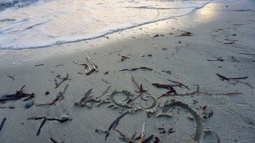 High angle view of text on beach