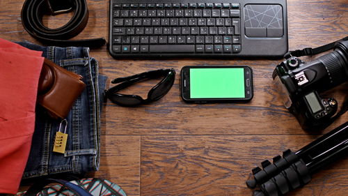 High angle view of objects on table