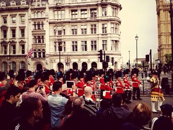 People walking on city street