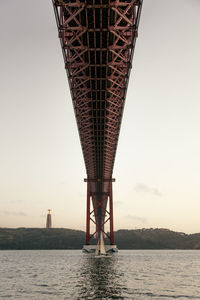 From below of red suspension bridge and river in lisbon in portugal against sky