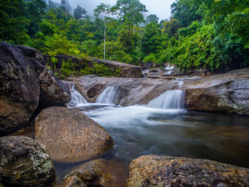 Scenic view of waterfall in forest against sky