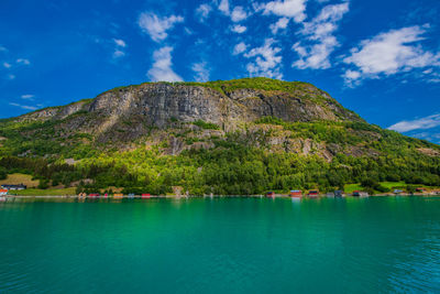 Scenic view of lake against blue sky