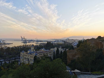 High angle view of townscape against sky during sunset