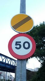 Low angle view of road sign against sky