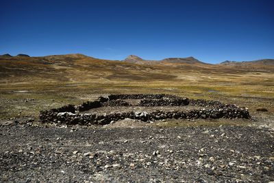 Scenic view of mountains against clear blue sky