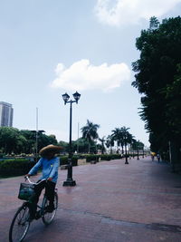 Man riding bicycle on road in city