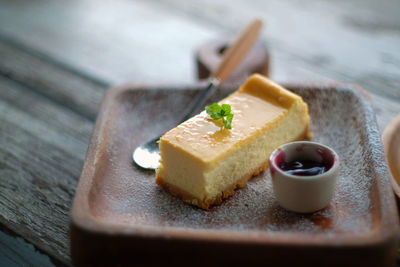 Close-up of dessert served on table