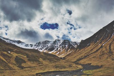 Scenic view of snowcapped mountains against sky